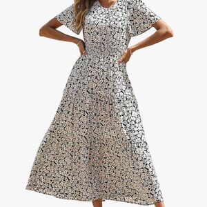 Classic Gray and White Floral Maxi Sundress with Flutter Cap Sleeves